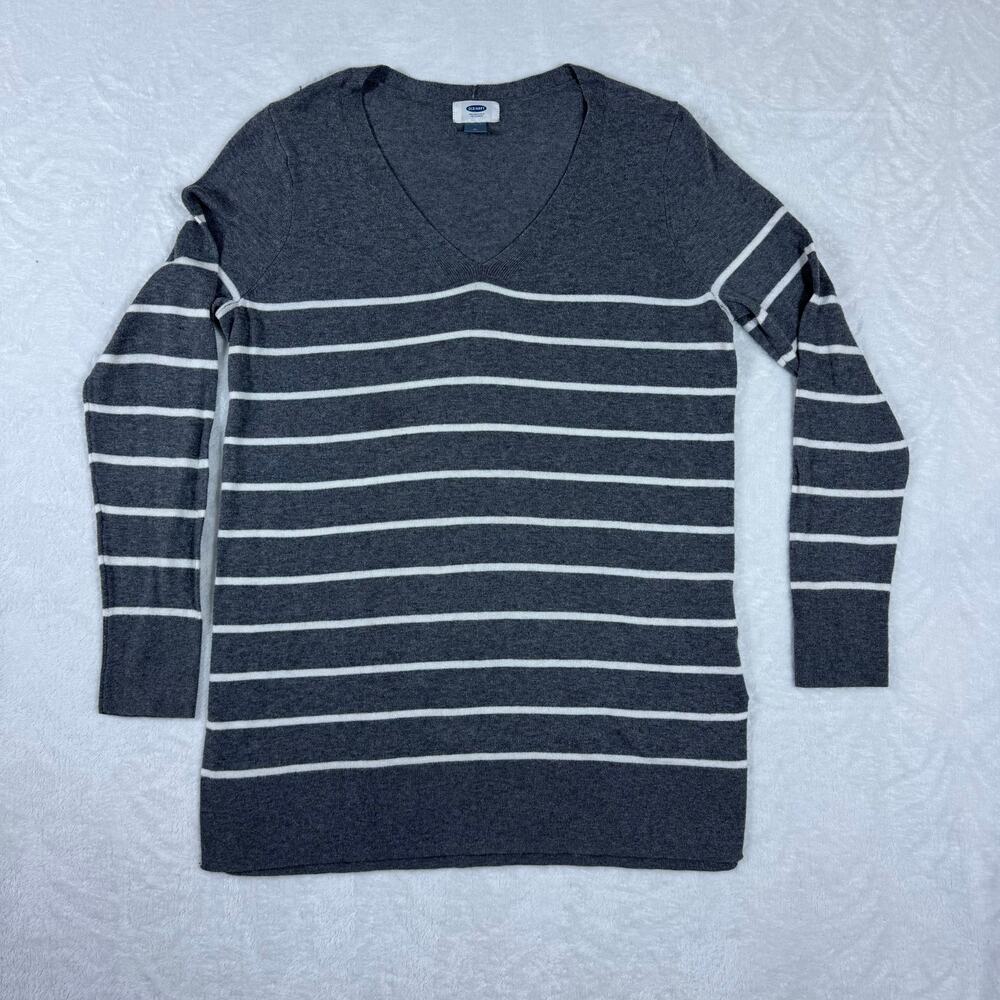 Old Navy Women's Medium Gray/White Striped Long Sleeve Pullover Sweatshirt